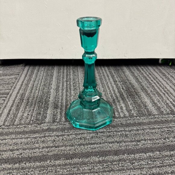 Vintage Teal Turquoise Glass Candlestick Holder | Coastal Beach Vibe | Taper - Picture 2 of 5